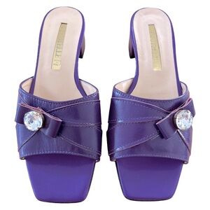 LE STELLE • Purple Leather Block Heel Jeweled Bow Accent Italian Heels